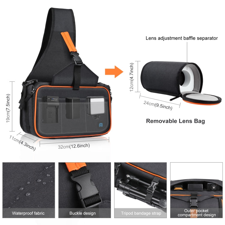 PULUZ Triangle Style SLR Camera Bag Sling Water-resistant Backpack Shoulder Messenger Bags with Removable Lens Bag(Black)
