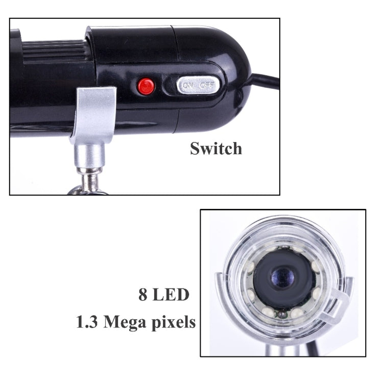 1.3 Mega pixels 200x USB digital microscope with 8 LED White light(Black)