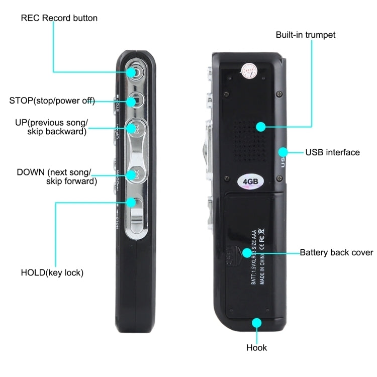 8GB Digital Voice Recorder Dictaphone MP3 Player, Support Telephone recording, VOX function, Power supply: 2 x AAA battery(Black)(Black)