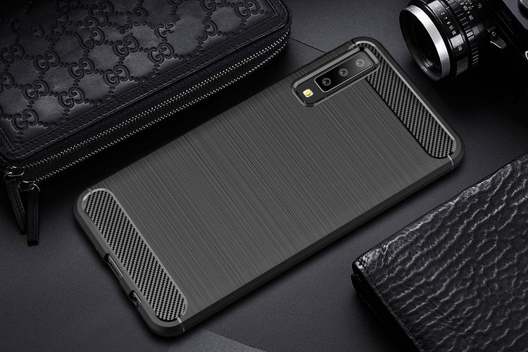 For Galaxy A7 (2018) / A750 Brushed Carbon Fiber Texture TPU Shockproof Anti-slip Soft Protective Back Cover Case(Black)