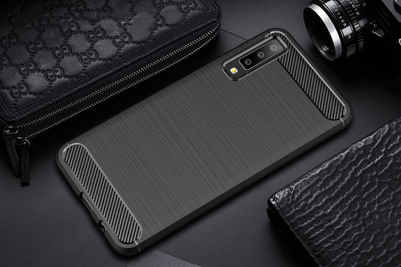 For Galaxy A7 (2018) / A750 Brushed Carbon Fiber Texture TPU Shockproof Anti-slip Soft Protective Back Cover Case(Black)