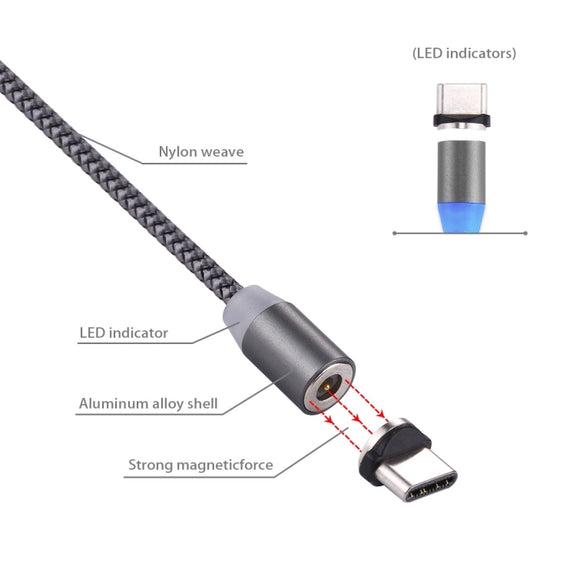 360 Degree Rotation 1m Weave Style USB-C / Type-C to USB 2.0 Strong Magnetic Charger Cable with LED Indicator(Grey)