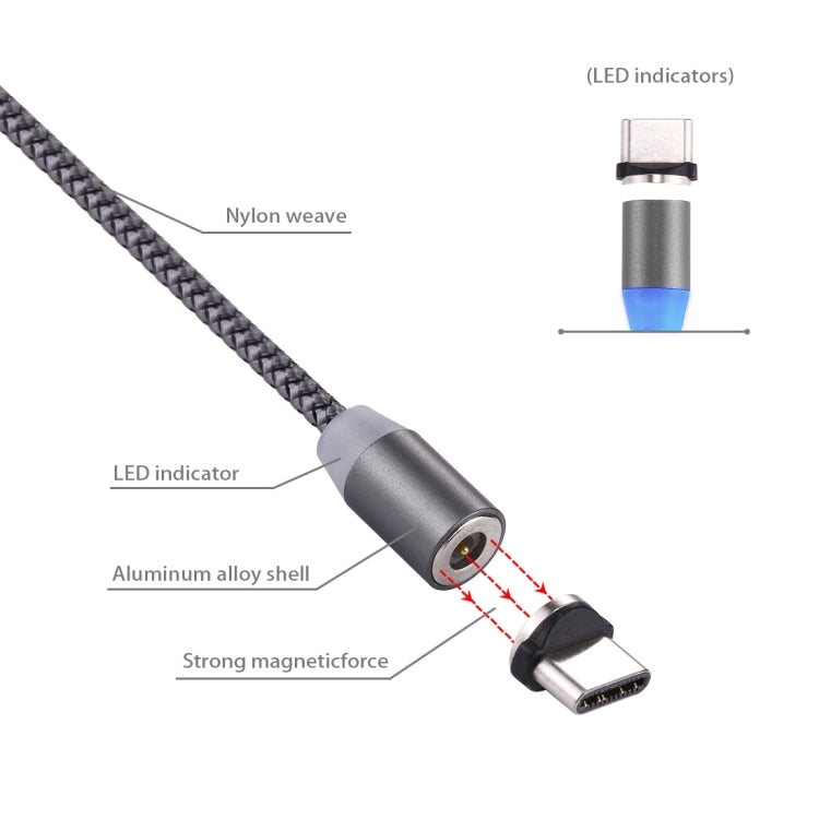 360 Degree Rotation 1m Weave Style USB-C / Type-C to USB 2.0 Strong Magnetic Charger Cable with LED Indicator(Grey)