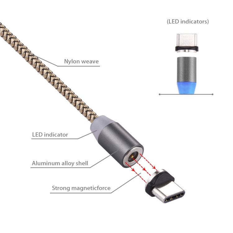 360 Degree Rotation 1m Weave Style USB-C / Type-C to USB 2.0 Strong Magnetic Charger Cable with LED Indicator(Gold)