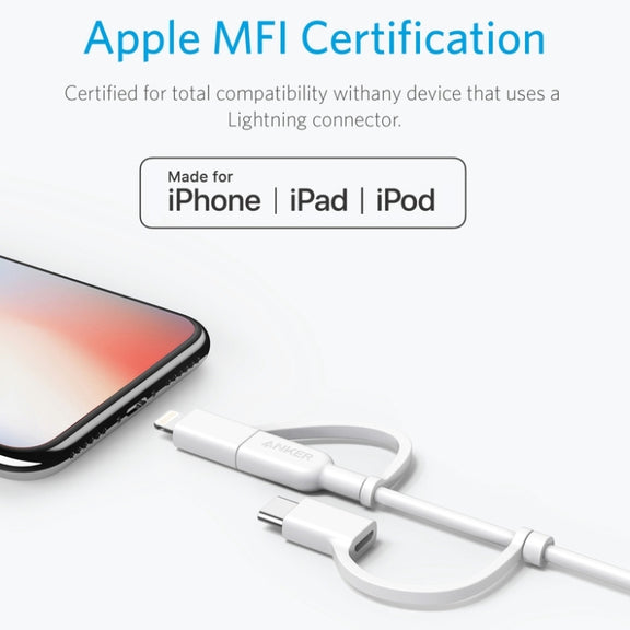 ANKER 3 in 1 8 Pin + Micro USB + USB-C / Type-C Interface MFI Certificated Data Cable(White)