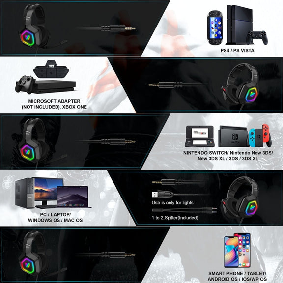 ONIKUMA K10 3.5mm Computer Games Wired Headset with RGB LED Light