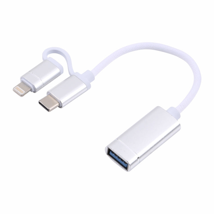 USB 3.0 Female to 8 Pin + USB-C / Type-C Male Charging + Transmission OTG Nylon Braided Adapter Cable, Cable Length: 11cm(Silver + White)