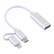USB 3.0 Female to 8 Pin + USB-C / Type-C Male Charging + Transmission OTG Nylon Braided Adapter Cable, Cable Length: 11cm(Silver + White)