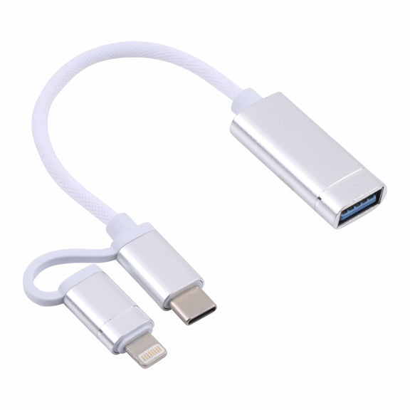 USB 3.0 Female to 8 Pin + USB-C / Type-C Male Charging + Transmission OTG Nylon Braided Adapter Cable, Cable Length: 11cm(Silver + White)