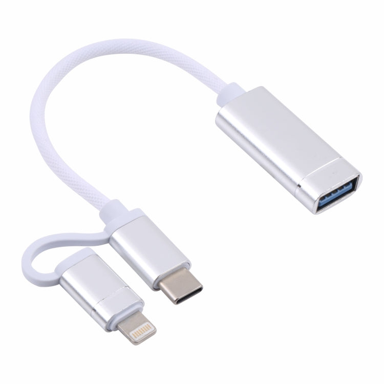 USB 3.0 Female to 8 Pin + USB-C / Type-C Male Charging + Transmission OTG Nylon Braided Adapter Cable, Cable Length: 11cm(Silver + White)