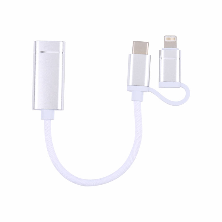 USB 3.0 Female to 8 Pin + USB-C / Type-C Male Charging + Transmission OTG Nylon Braided Adapter Cable, Cable Length: 11cm(Silver + White)
