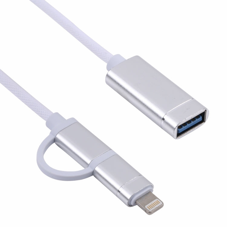 USB 3.0 Female to 8 Pin + USB-C / Type-C Male Charging + Transmission OTG Nylon Braided Adapter Cable, Cable Length: 11cm(Silver + White)