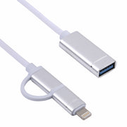USB 3.0 Female to 8 Pin + USB-C / Type-C Male Charging + Transmission OTG Nylon Braided Adapter Cable, Cable Length: 11cm(Silver + White)
