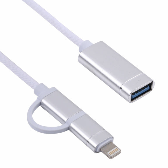USB 3.0 Female to 8 Pin + USB-C / Type-C Male Charging + Transmission OTG Nylon Braided Adapter Cable, Cable Length: 11cm(Silver + White)