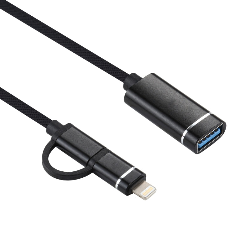 USB 3.0 Female to 8 Pin + USB-C / Type-C Male Charging + Transmission OTG Nylon Braided Adapter Cable, Cable Length: 11cm(Black)