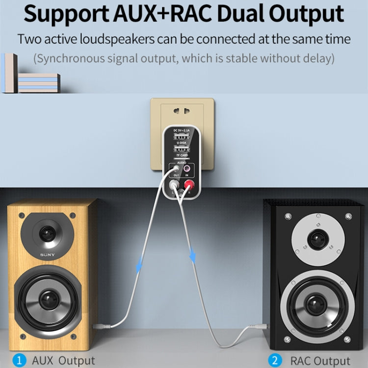 K16 2 in 1 3.5mm AUX + RAC Dual Output Plug-in Bluetooth 5.0 Audio Transmitter Receiver with Remote Control, US Plug (White)