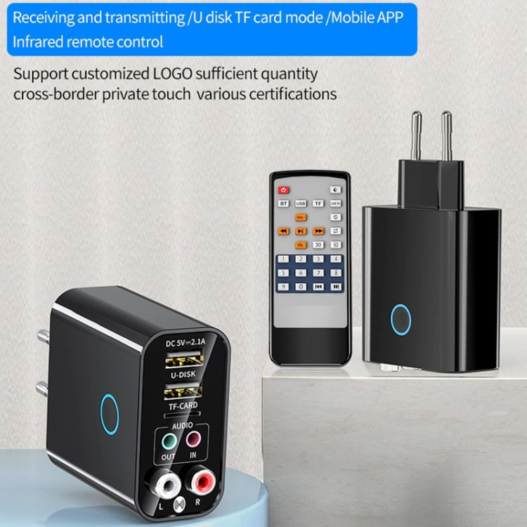 K16 2 in 1 3.5mm AUX + RAC Dual Output Plug-in Bluetooth 5.0 Audio Transmitter Receiver with Remote Control, EU Plug (Black)
