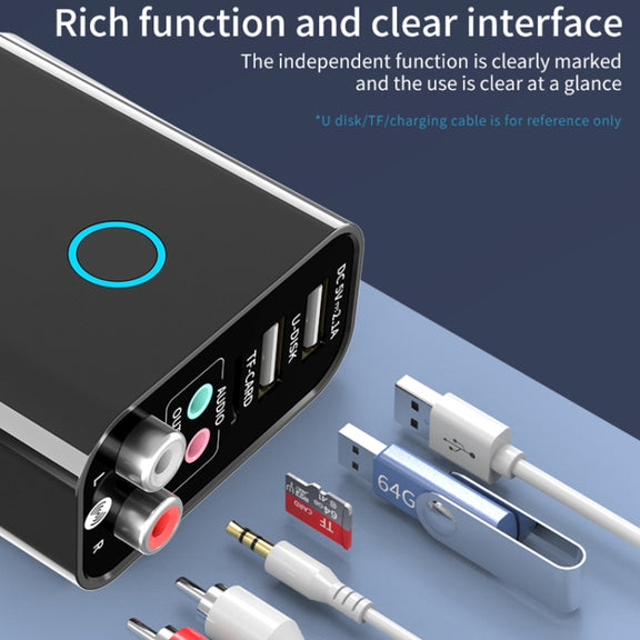 K16 2 in 1 3.5mm AUX + RAC Dual Output Plug-in Bluetooth 5.0 Audio Transmitter Receiver with Remote Control, EU Plug (Black)