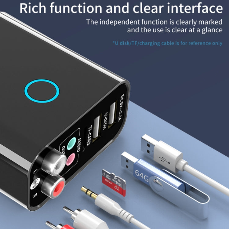 K16 2 in 1 3.5mm AUX + RAC Dual Output Plug-in Bluetooth 5.0 Audio Transmitter Receiver with Remote Control, EU Plug (Black)