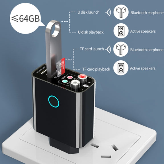 K16 2 in 1 3.5mm AUX + RAC Dual Output Plug-in Bluetooth 5.0 Audio Transmitter Receiver with Remote Control, EU Plug (Black)