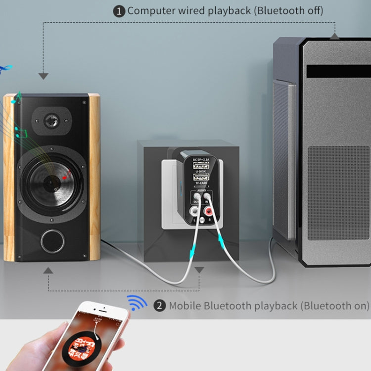 K16 2 in 1 3.5mm AUX + RAC Dual Output Plug-in Bluetooth 5.0 Audio Transmitter Receiver with Remote Control, EU Plug (Black)