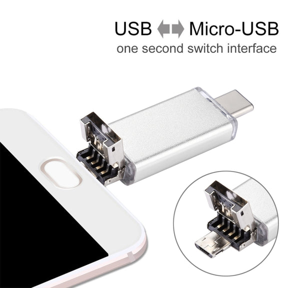 16GB 3 in 1 USB-C / Type-C + USB 2.0 + OTG Flash Disk, For Type-C Smartphones & PC Computer(Silver)