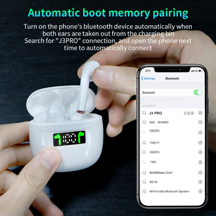 J3 Pro TWS Hifi Wireless Bluetooth 5.2 Earphone LED Display Water-resistant Sports Gaming Headset Noise Earbuds(White)