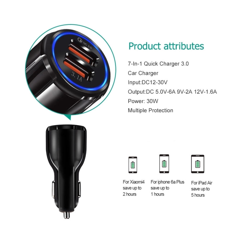 Qc3.0 Dual USB Car Charger + 8 Pin Fast Charging Line Car Charging Kit(White)