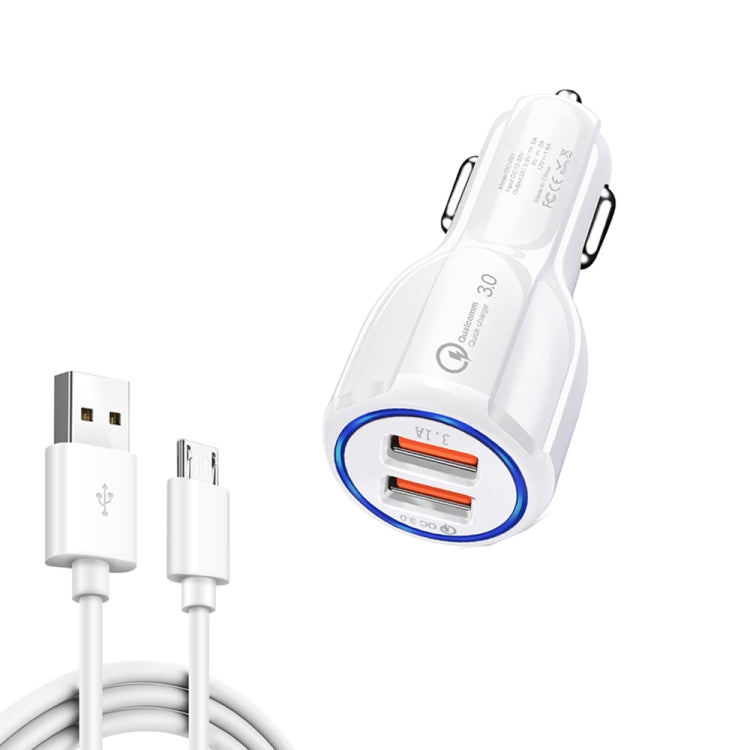 Qc3.0 Dual USB Car Charger + Micro USB Fast Charging Cable Car Charging Kit(Black)