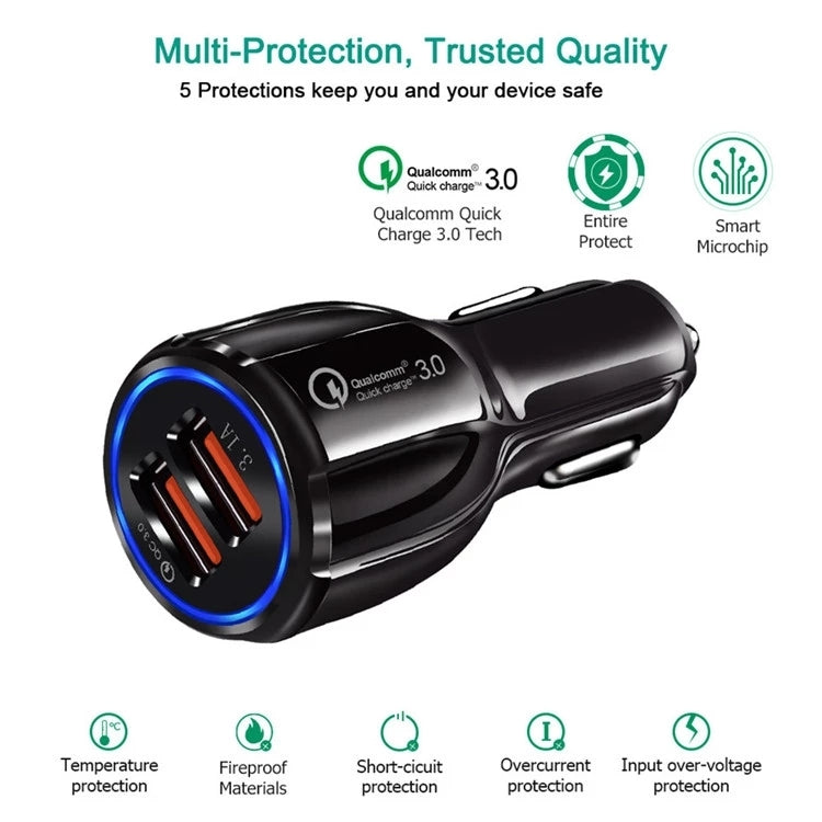 Qc3.0 Dual USB Car Charger + Micro USB Fast Charging Cable Car Charging Kit(White)