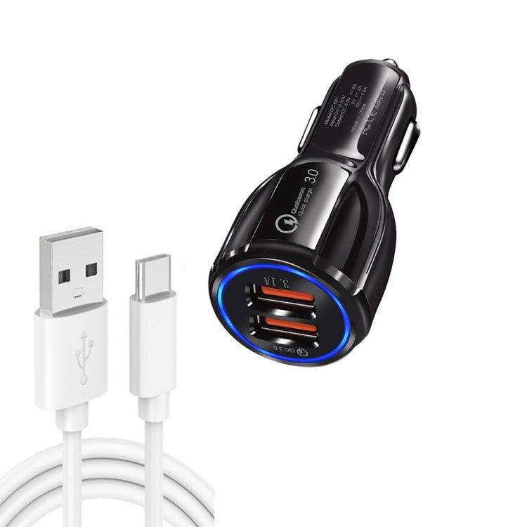 LZ-681 QC3.0 Dual USB Car Charging + Type-C Fast Charging Cable Car Charging Kit(White)