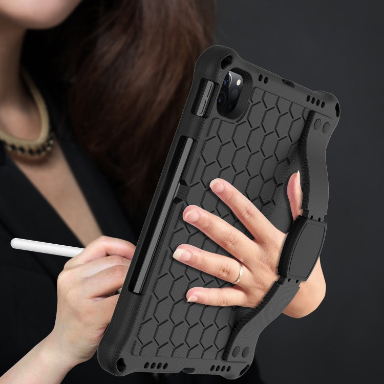For iPad Air 2022 / 2020 10.9 Honeycomb Design EVA + PC Material Four Corner Anti Falling Flat Protective Shell with Strap(Black+Black)