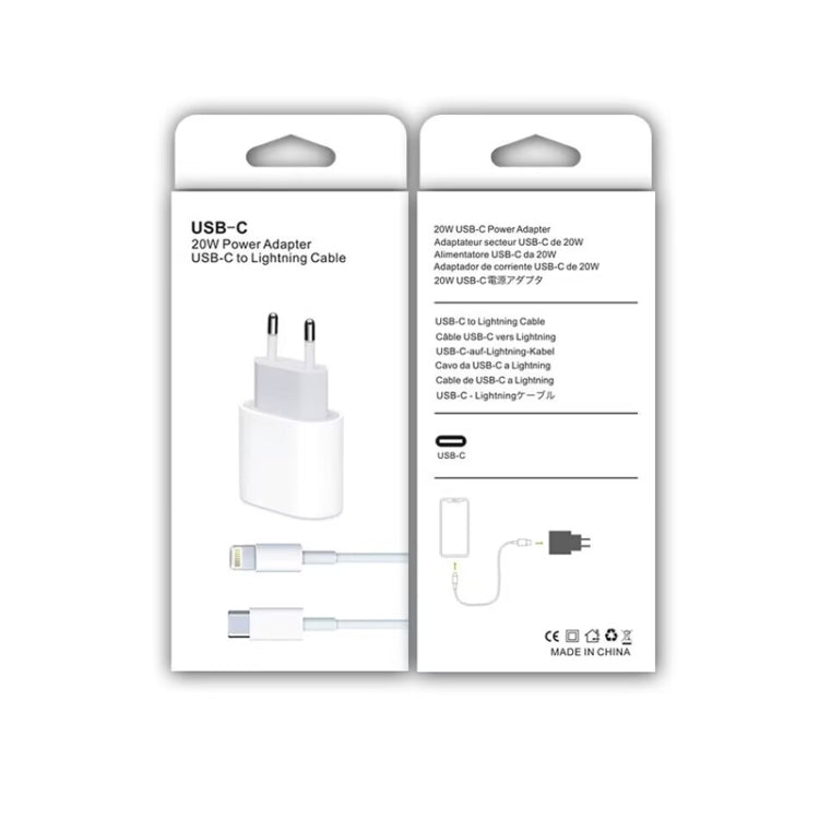 2 in 1 PD 20W Single USB-C / Type-C Port Travel Charger + 3A PD3.0 USB-C / Type-C to 8 Pin Fast Charge Data Cable Set, Cable Length: 2m, EU Plug