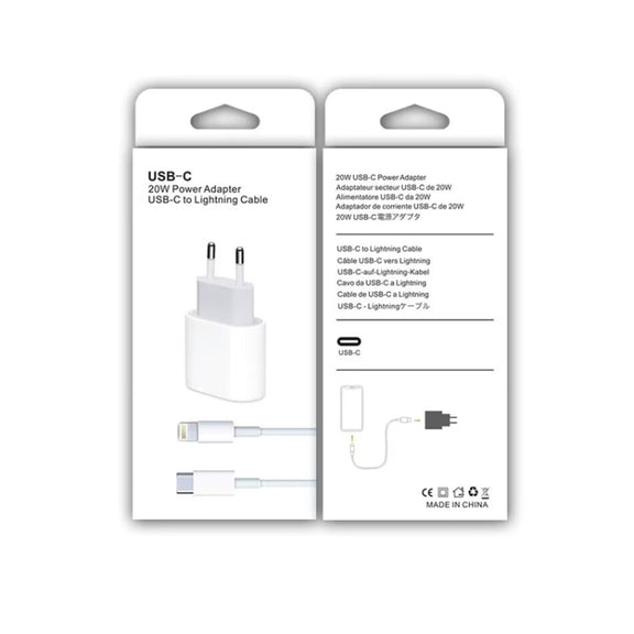 2 in 1 PD 20W Single USB-C / Type-C Port Travel Charger + 3A PD3.0 USB-C / Type-C to 8 Pin Fast Charge Data Cable Set, Cable Length: 2m, EU Plug