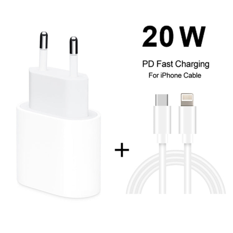 2 in 1 PD 20W Single USB-C / Type-C Port Travel Charger + 3A PD3.0 USB-C / Type-C to 8 Pin Fast Charge Data Cable Set, Cable Length: 2m, EU Plug