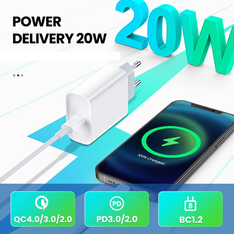 2 in 1 PD 20W Single USB-C / Type-C Port Travel Charger + 3A PD3.0 USB-C / Type-C to 8 Pin Fast Charge Data Cable Set, Cable Length: 2m, EU Plug