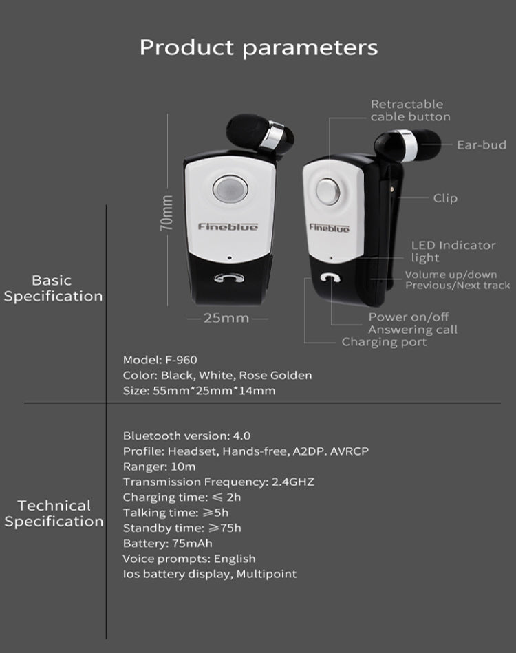 Fineblue F960 CSR4.1 Retractable Cable Caller Vibration Reminder Anti-theft Bluetooth Headset