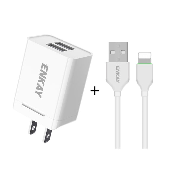 ENKAY Hat-Prince U008-1 10.5W 2.1A Dual USB Charging US Plug Travel Power Adapter With 2.1A 1m 8 Pin Cable