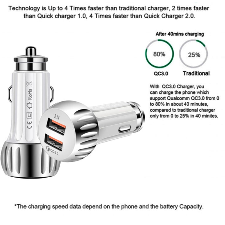 YSY-310QC18W QC3.0 Dual Port USB Car Charger + 3A USB to Micro USB Data Cable, Cable Length: 1m(White)