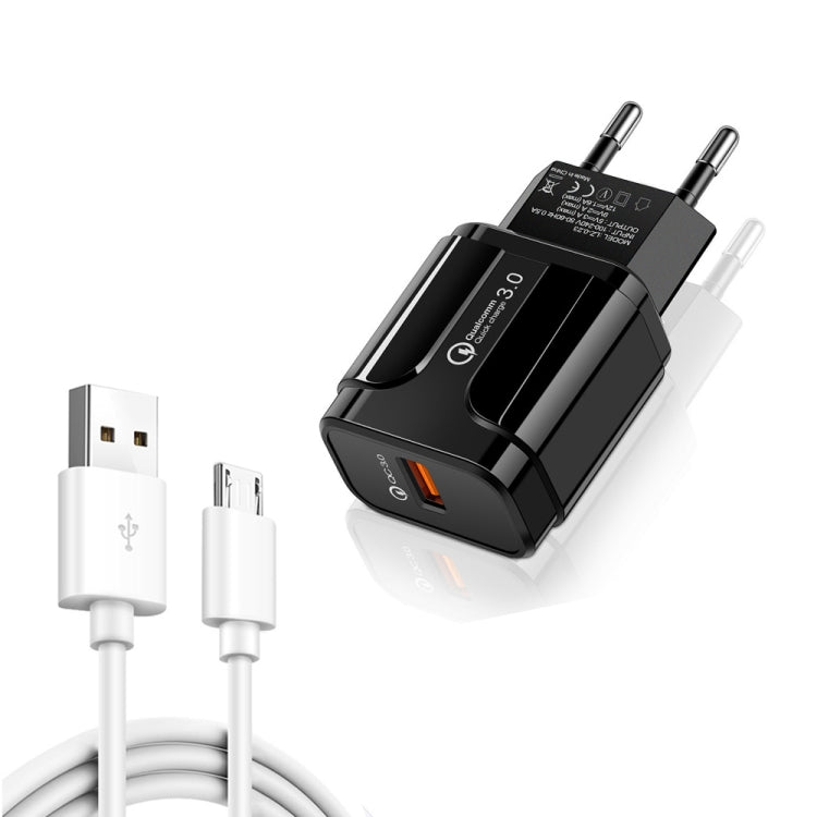 LZ-023 18W QC 3.0 USB Portable Travel Charger + 3A USB to Micro USB Data Cable, EU Plug(Black)