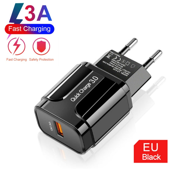 LZ-023 18W QC 3.0 USB Portable Travel Charger + 3A USB to Micro USB Data Cable, EU Plug(Black)