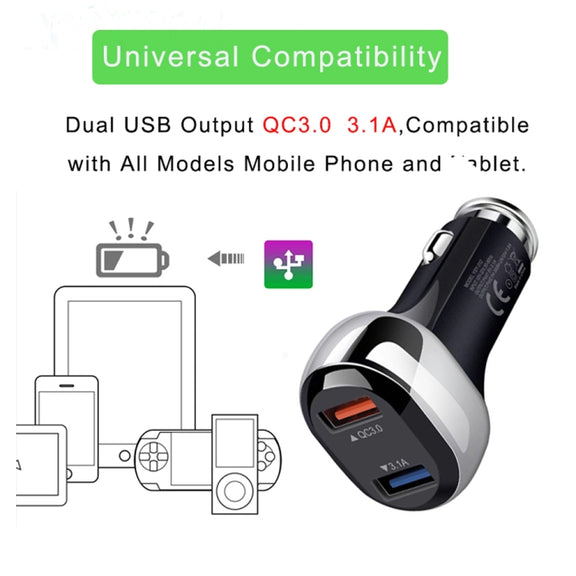 YSY-312 2 in 1 18W Portable QC3.0 Dual USB Car Charger + 1m 3A USB to USB-C / Type-C Data Cable Set(Black)