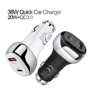 YSY-312PD QC3.0 18W USB + PD 20W USB-C / Type-C Car Charger with USB to USB-C / Type-C Data Cable(Black)