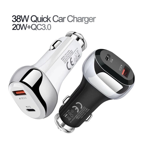 YSY-312PD QC3.0 18W USB + PD 20W USB-C / Type-C Car Charger with USB to USB-C / Type-C Data Cable(White)