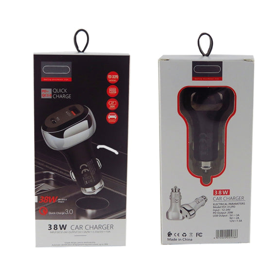 YSY-312PD QC3.0 18W USB + PD 20W USB-C / Type-C Car Charger with USB to 8 Pin Data Cable(Black)