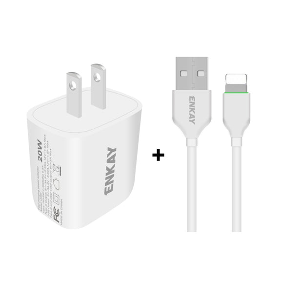 ENKAY Hat-Prince 20W PD Type-C + QC 3.0 USB Fast Charging Travel Charger Power Adapter with Fast Charge Data Cable, US Plug(With 8 Pin Cable)