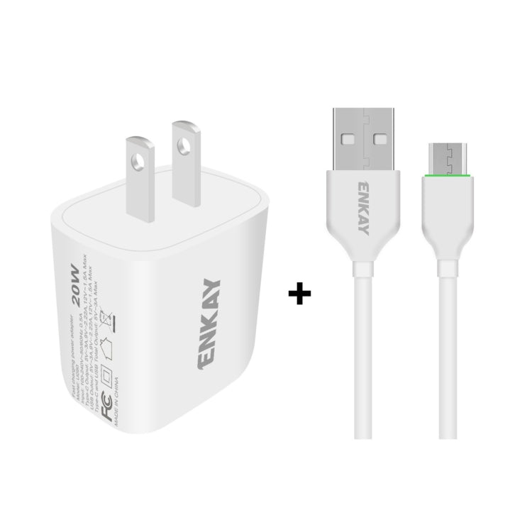 ENKAY Hat-Prince 20W PD Type-C + QC 3.0 USB Fast Charging Travel Charger Power Adapter with Fast Charge Data Cable, US Plug(With Micro USB Cable)