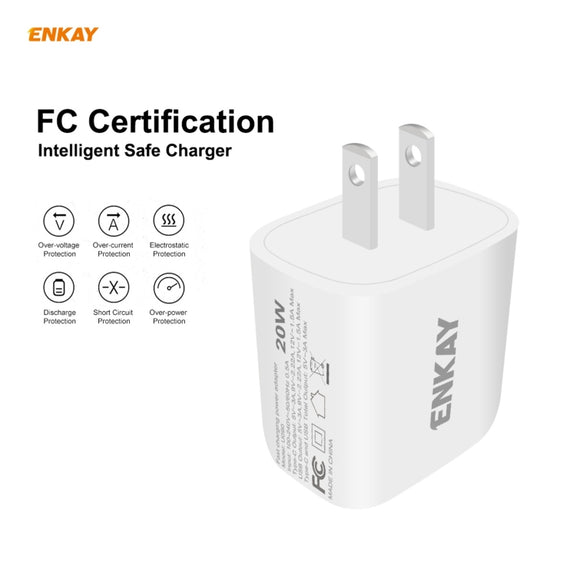 ENKAY Hat-Prince 20W PD Type-C + QC 3.0 USB Fast Charging Travel Charger Power Adapter with Fast Charge Data Cable, US Plug(With Type-C Cable)