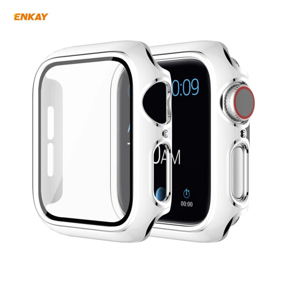 ENKAY Hat-Prince Full Coverage Electroplated PC Case + Tempered Glass Protector for Apple Watch Series 6 / 5 / 4 / SE 44mm(White+Silver)