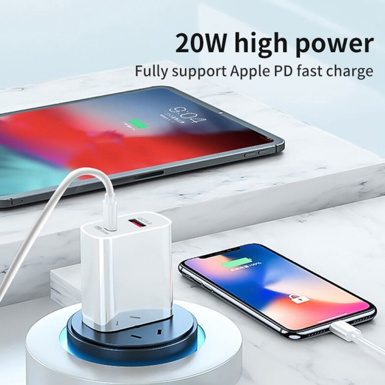 20W PD Type-C + QC 3.0 USB Interface Fast Charging Travel Charger with USB to 8 Pin Fast Charge Data Cable EU Plug